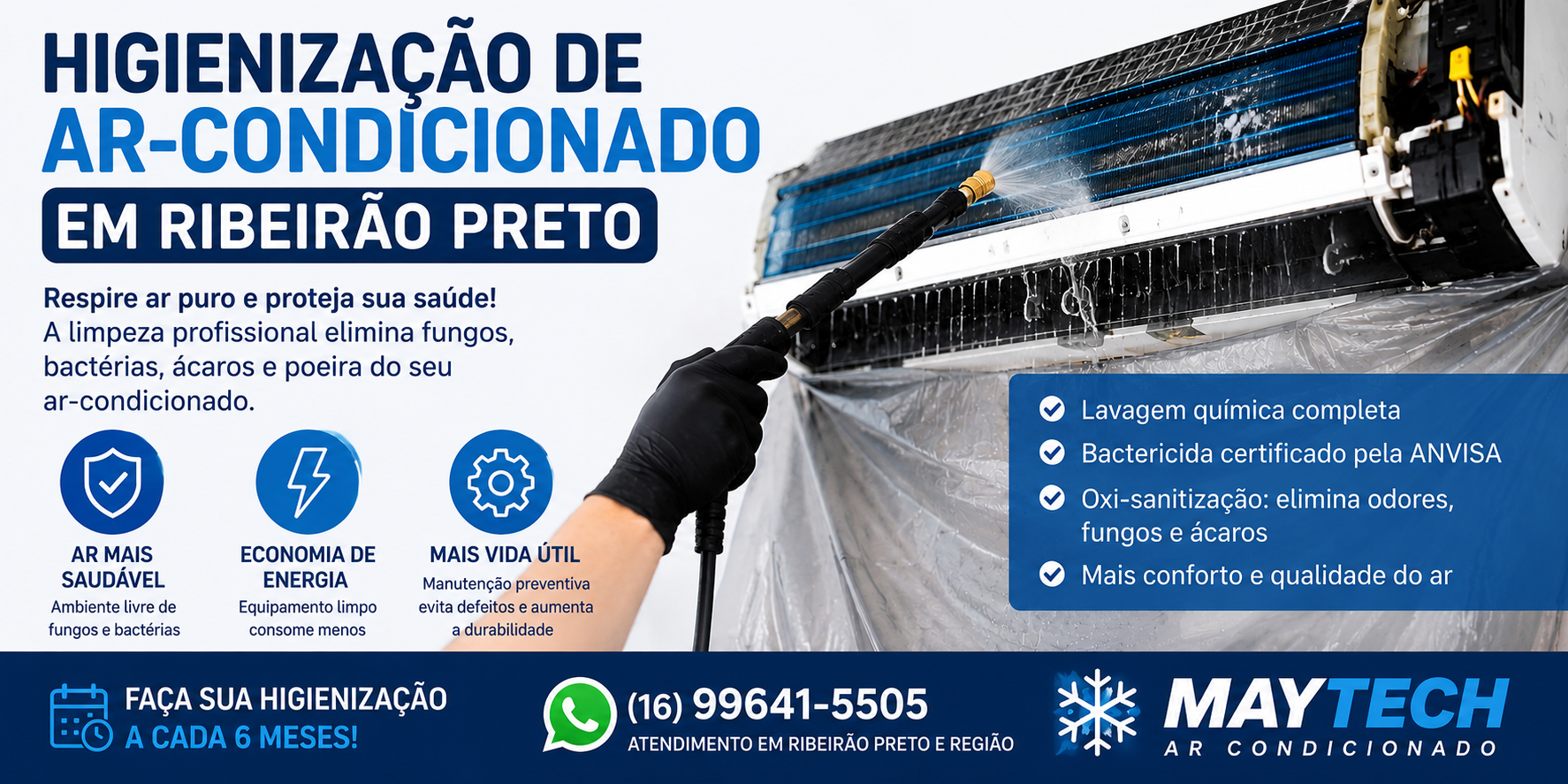 Técnico da Maytech fazendo higienização de ar-condicionado split